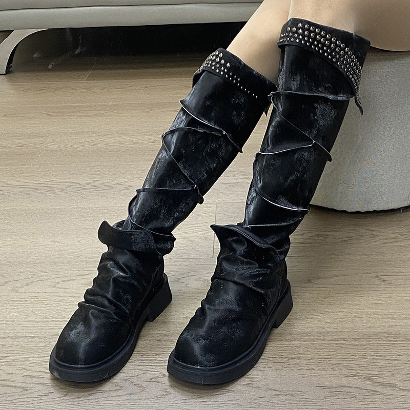 Round Head Chunky Western Cowboy Female Rivet Women's Leather Boots