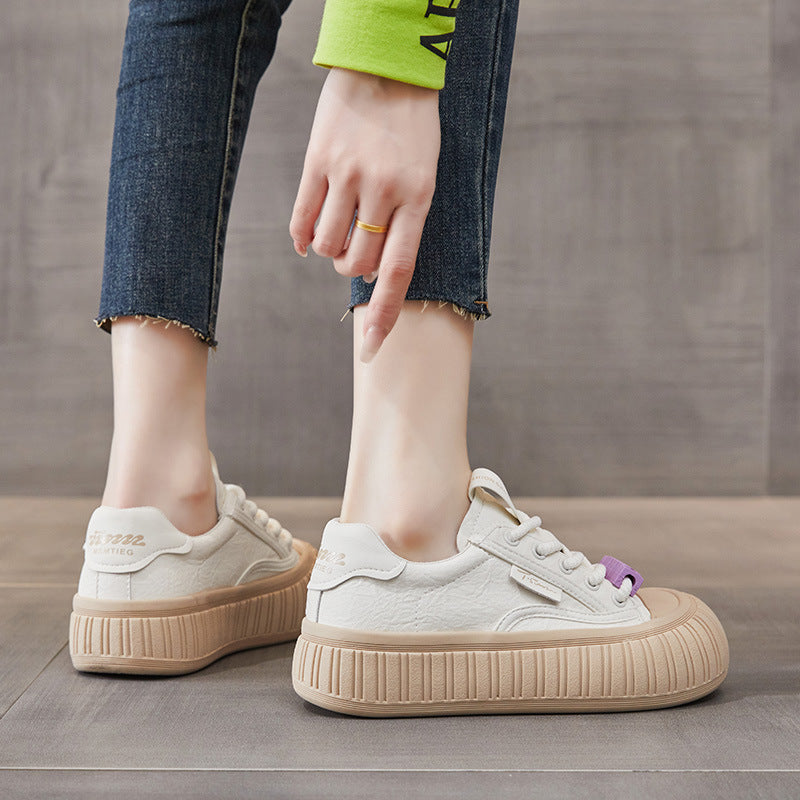Women's Genuine Live White Spring Versatile Platform Muffin Sneakers