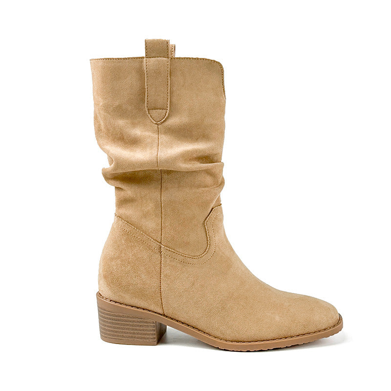 Women's Height Increasing Insole Western Cowboy V Cut Slimming Big Tube Women's Leather Boots