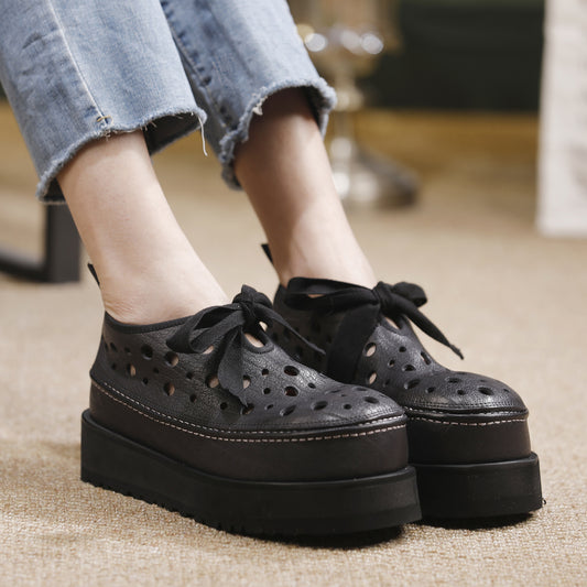 Women's Hole Elephant Pattern Top Layer Cowhide Platform Sandals