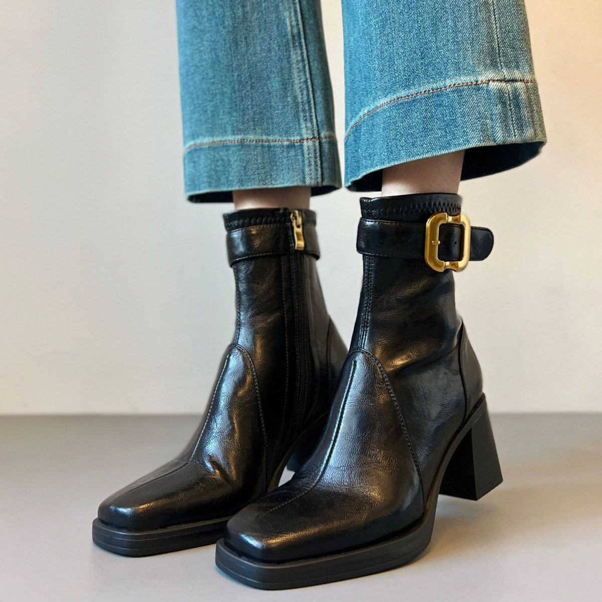 Women's Square Toe High Short Light Luxury Thick Thin Women's Leather Boots