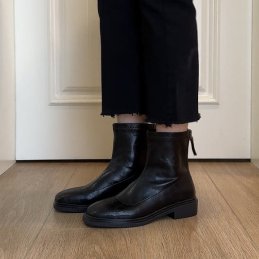 Women's Cowhide Version Genuine Chunky Booties Fleece-lined Black British Style Retro Boots