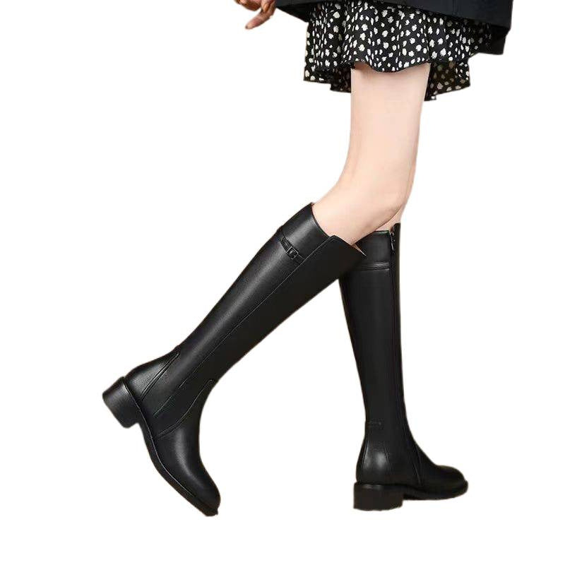 Women's Retro Brown Square Toe Chunky Below The Knee Side Heels