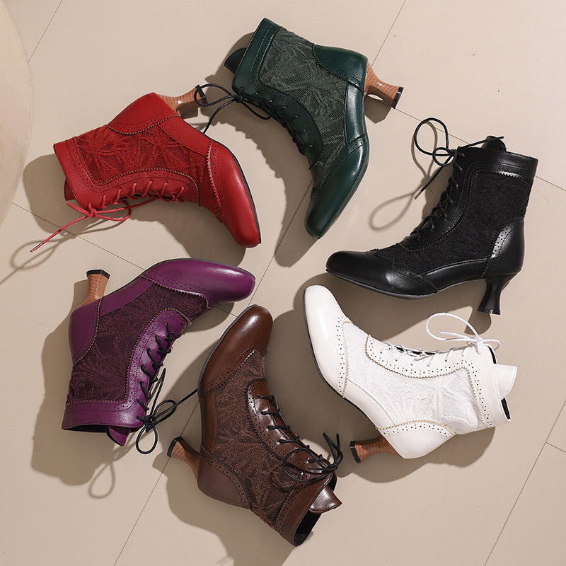 Women's Plus Size Lace Color Matching Booties Women's Leather Boots
