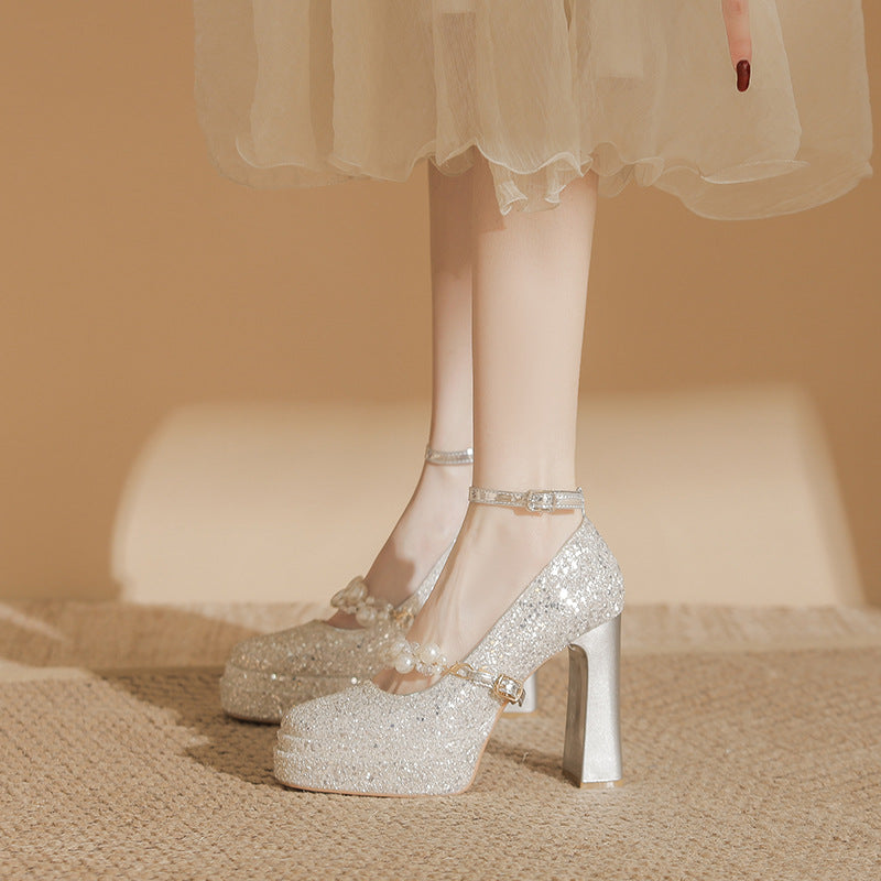 Pearl Waterproof Platform Mary Jane Square Toe Thick Height Women's Fashion Shoes