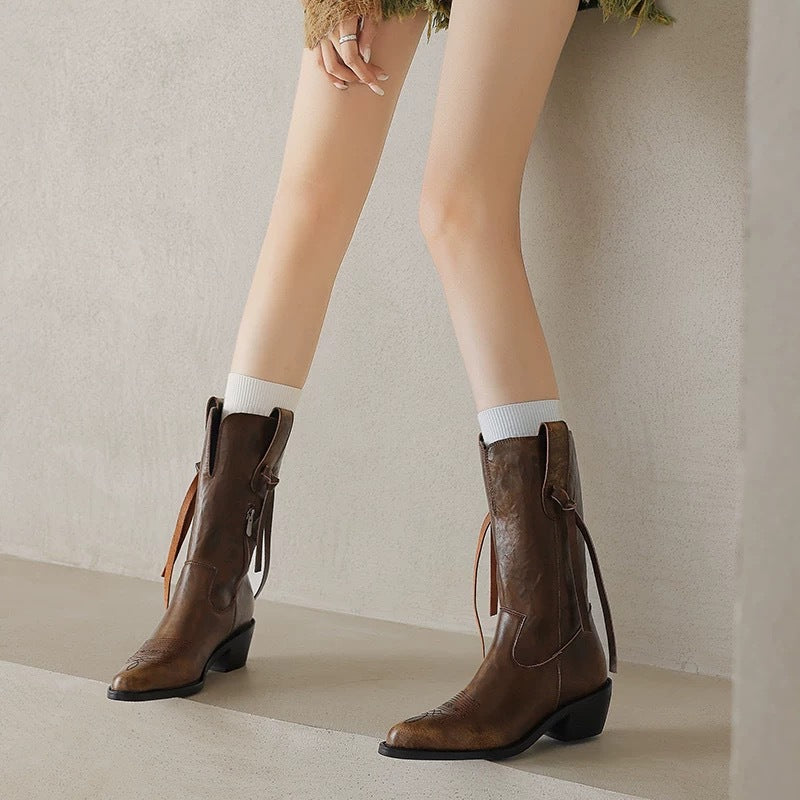 Nara Temperament Pointed Toe Chunky Retro Knee-high Boots