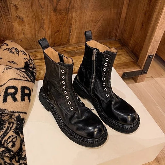 Women's Round Toe Side Zipper Machine Car Women's Leather Boots