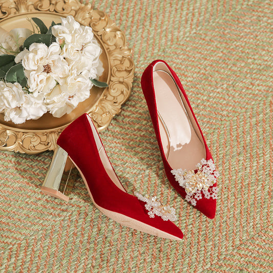 Women's Electroplated Crystal Flower Ornament Suede Red High Women's Shoes