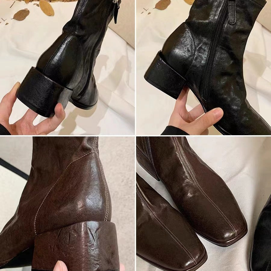 Head Washed Horse Thin Booties Chunky Boots