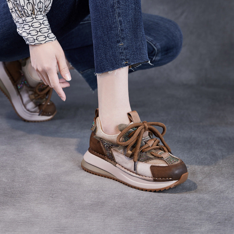 Women's Beautiful Natural Color Genuine Retro Dad Platform Hot Drilling Sneakers