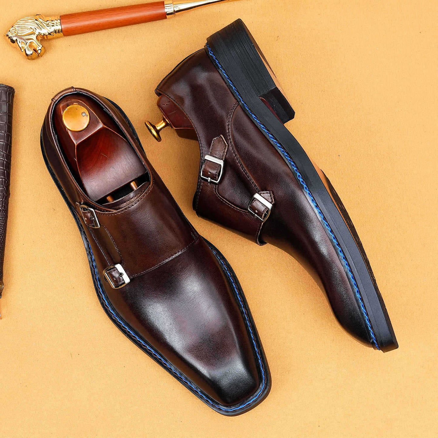 Men's Square Toe Genuine Formal Wear Norwegian Seam Buckle Men's Business Leather Shoes
