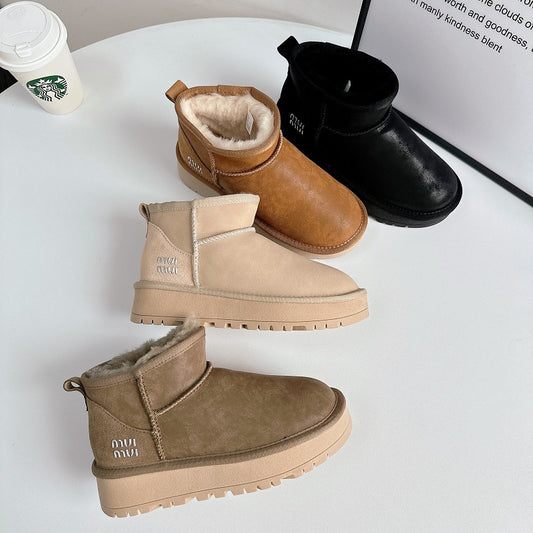 Women's Winter Cowhide Wool Bootie Thick Bottom Snow Boots