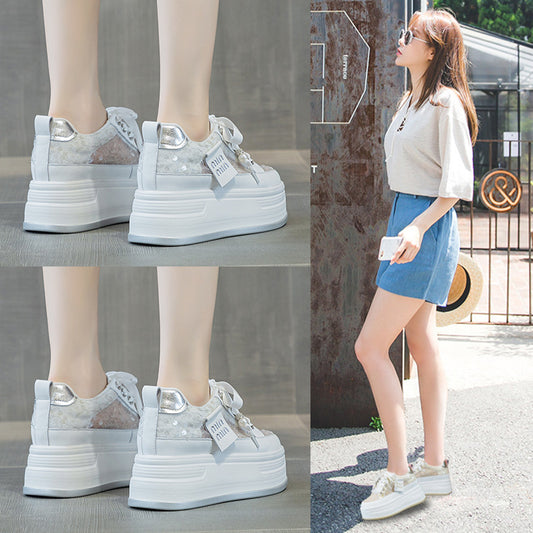 Thick Bottom Height Increasing Insole Mesh Breathable White Sequins Casual Shoes