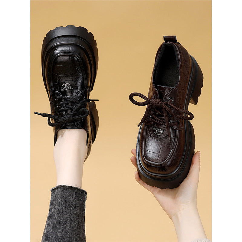 Women's Platform Black Tie Round Toe Mid Slimming Soft Bottom Women's Fashion Shoes