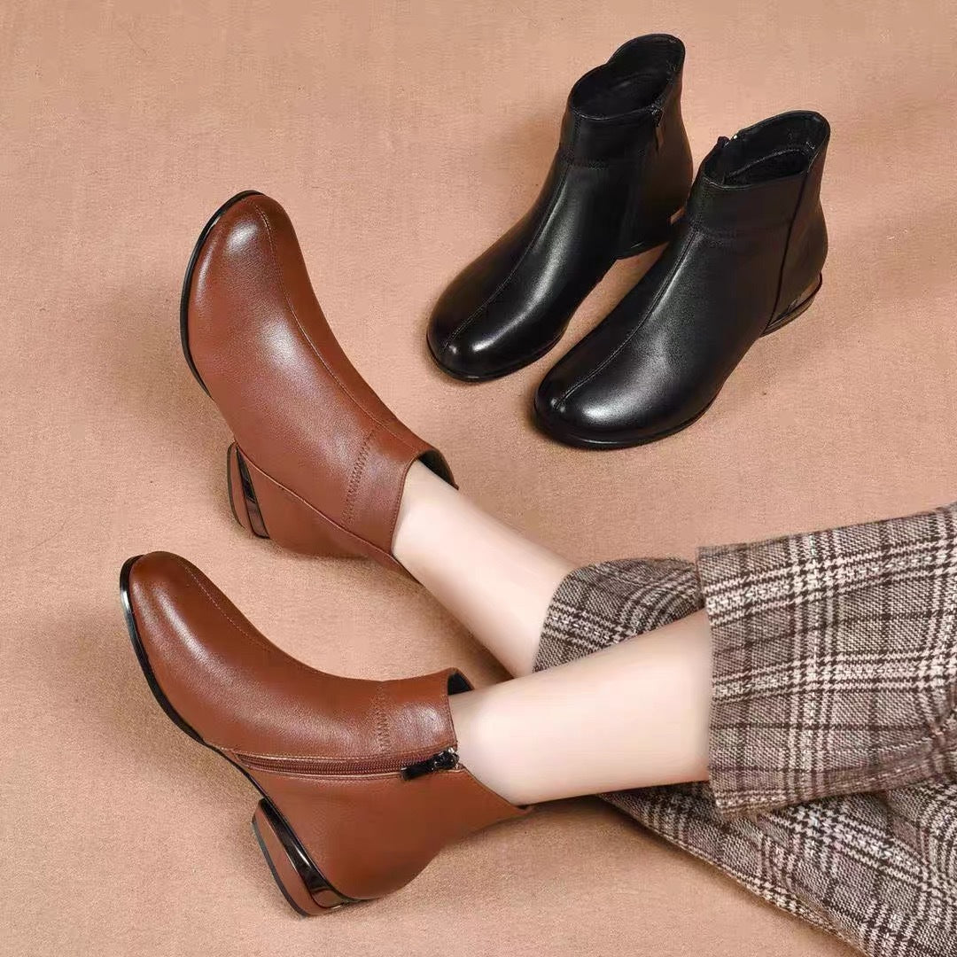 Women's Soft Bottom Brown British Round Head Women's Leather Boots
