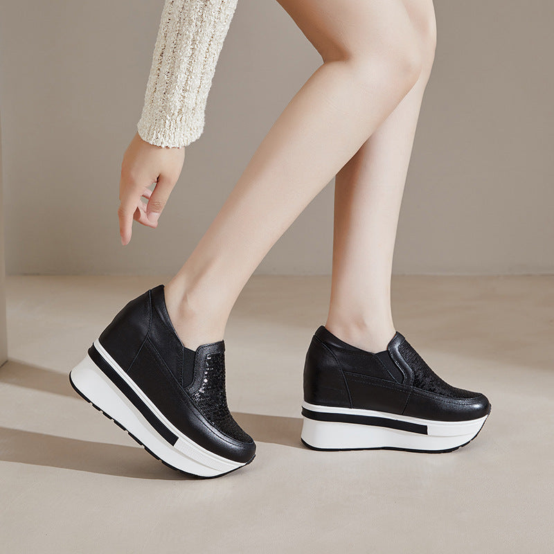 Women's Invisible Elevated Platform Wedge Top Layer Cowhide Slip-on Women's Fashion Shoes
