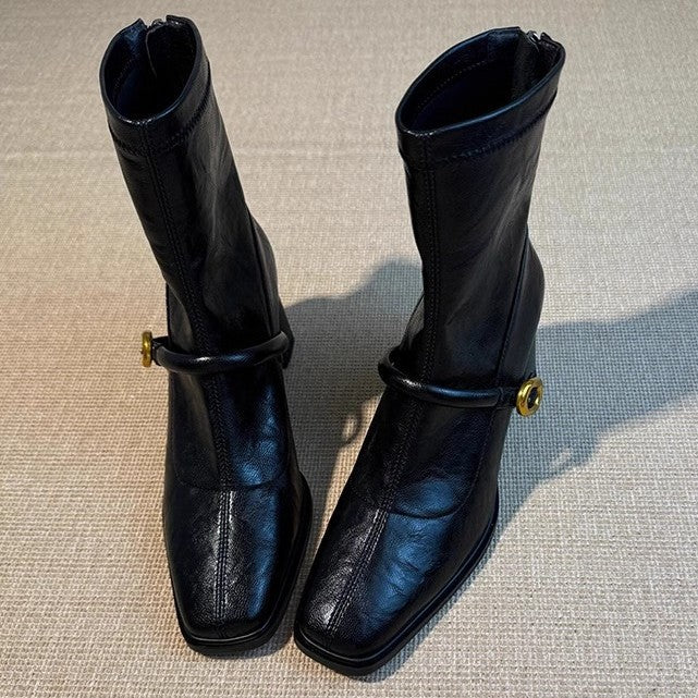 Women's Chunky Square Toe High-heeled Skinny French Retro Women's Leather Boots