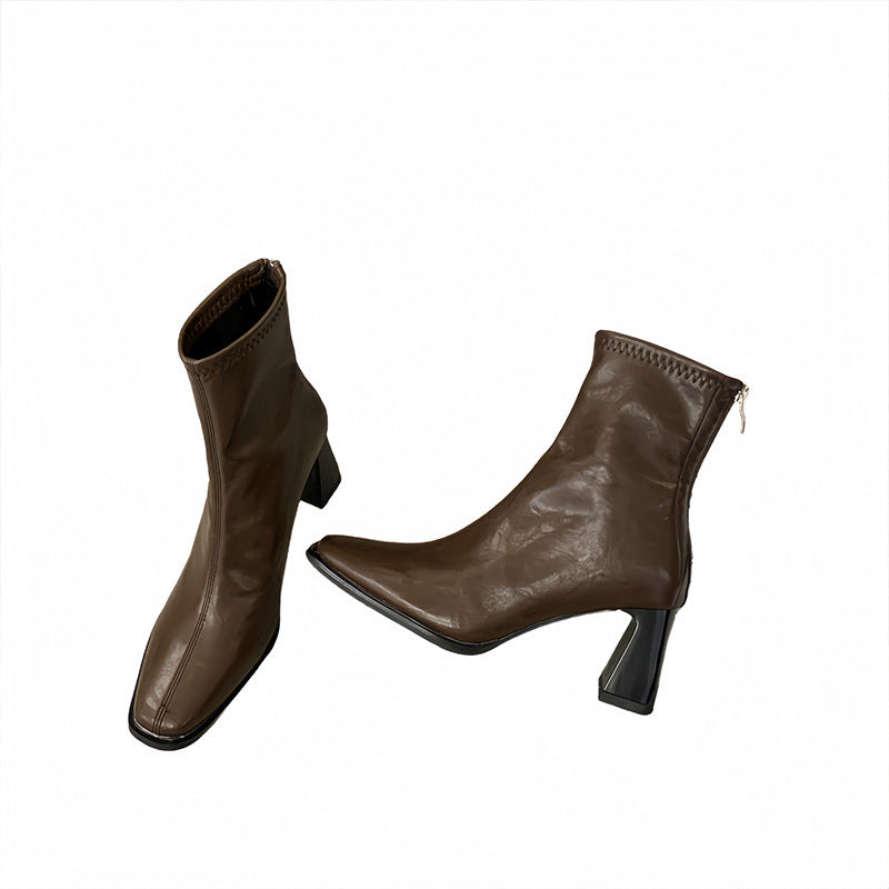 Women's Martin Square Toe High Short French Soft Temperament Heels