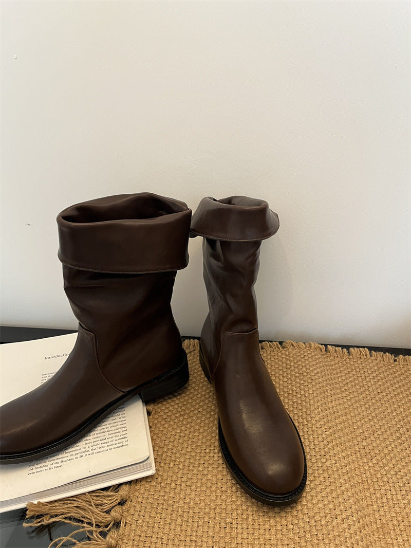 Thick Low Knight Korean Style Fashionable Round Toe Women's Leather Boots