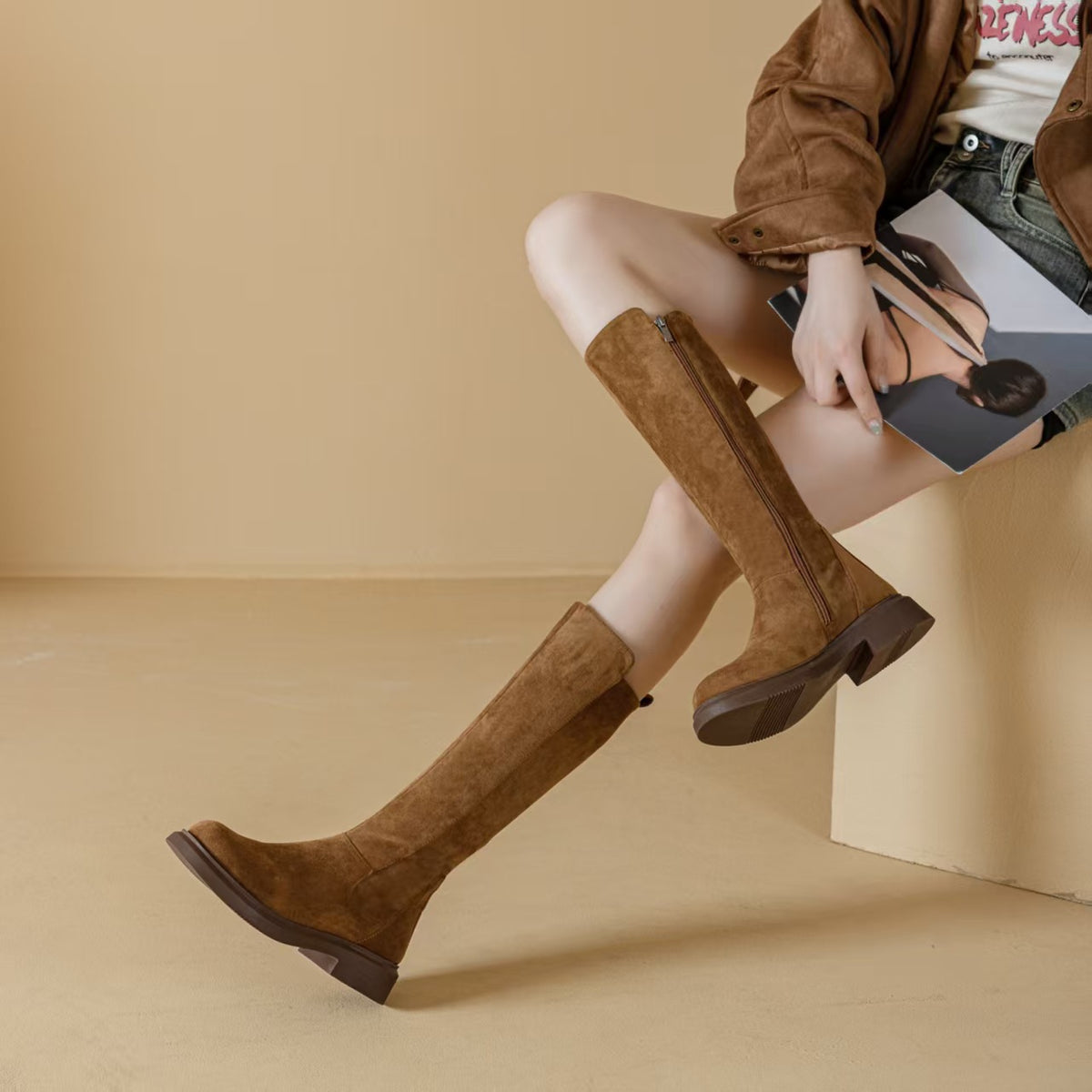 Women's Long Veet Vintage Knight Thick Mid Small Below The Knee Women's Leather Boots
