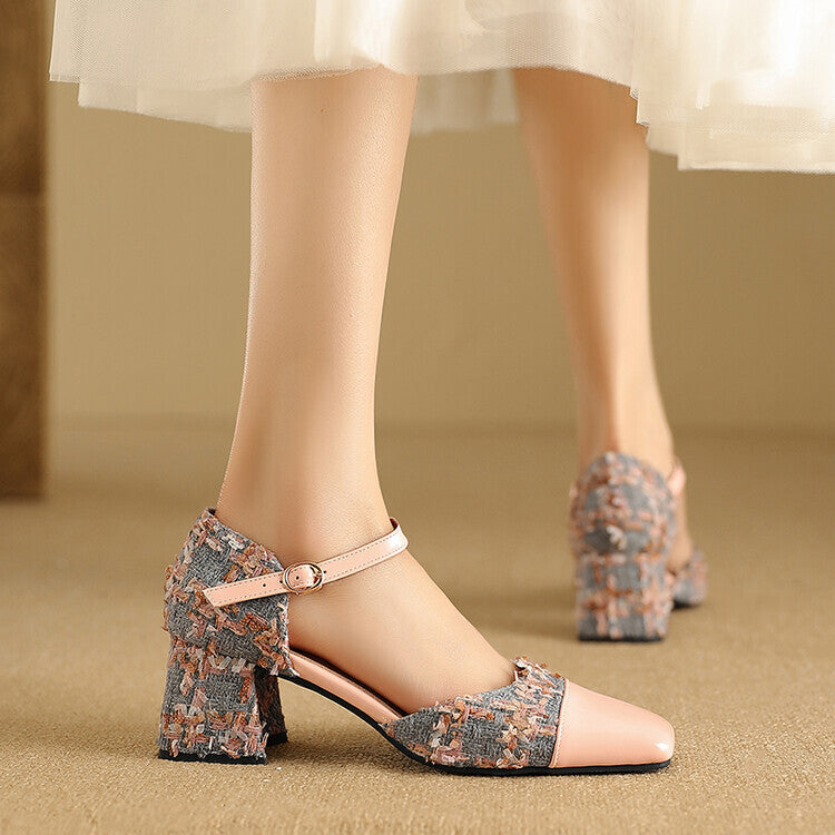 Women's Shallow Mouth Mary Jane Color Matching Square Toe Chunky Pumps High Heeled Sandals