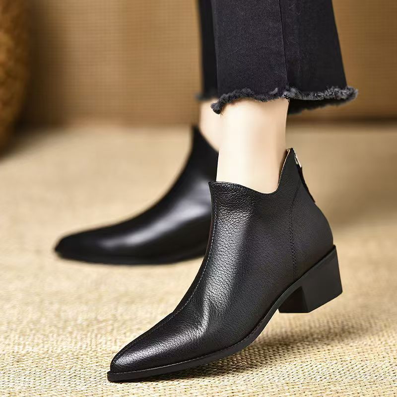Women's French Sheepskin Pointed Ankle Chunky Mid Rear Zipper Boots