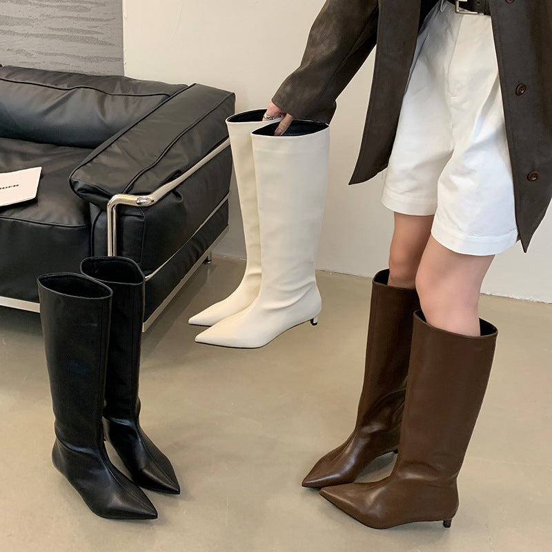Graceful Pointed Toe High Leg Solid Women's Leather Boots