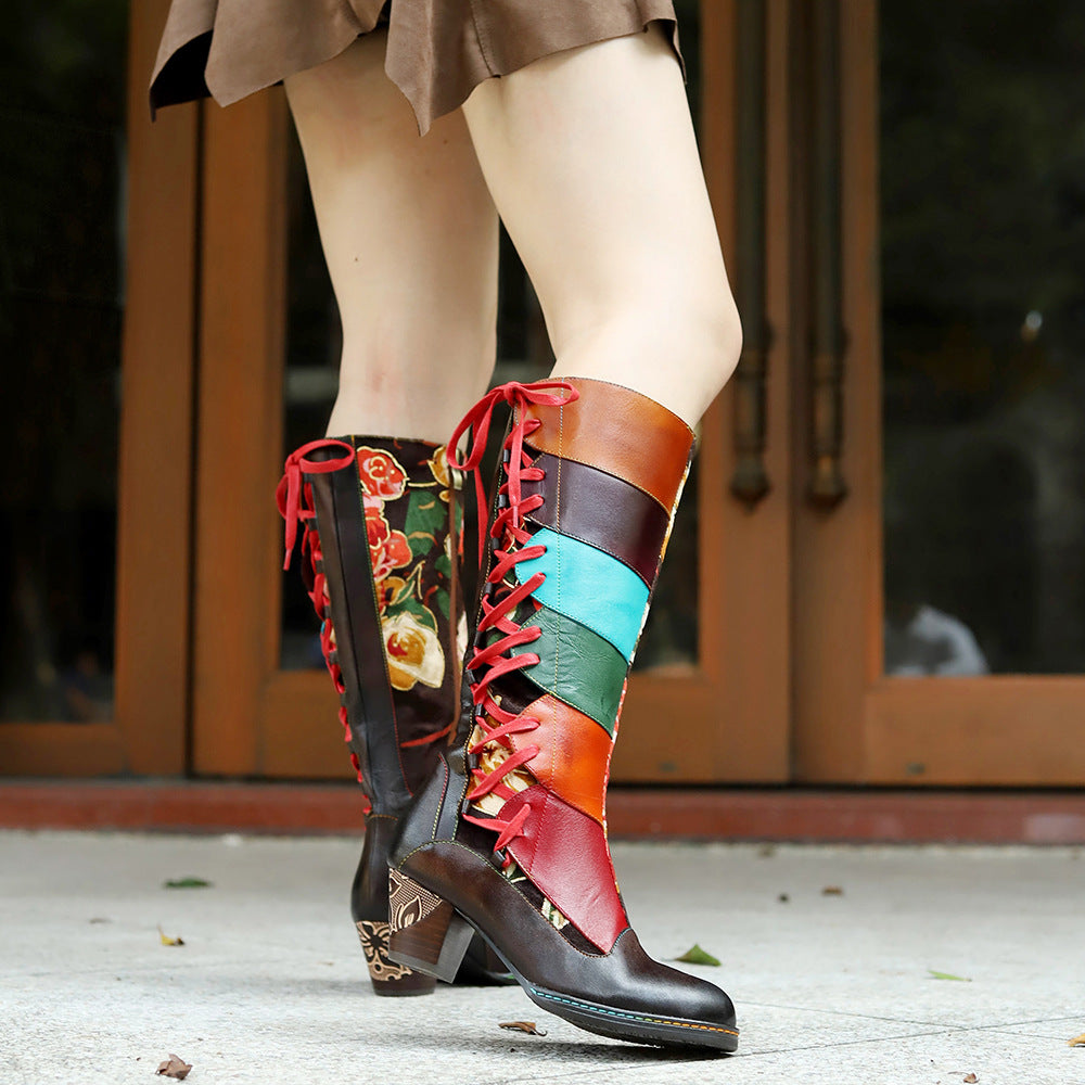 Hand-rub Color Printing Colored Mosaic Lace Up Chunky Boots