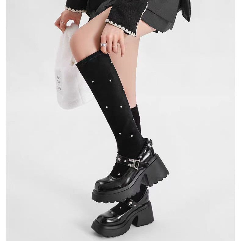Women's Stretch Small Height Increasing Rhinestone Mary Jane Boots