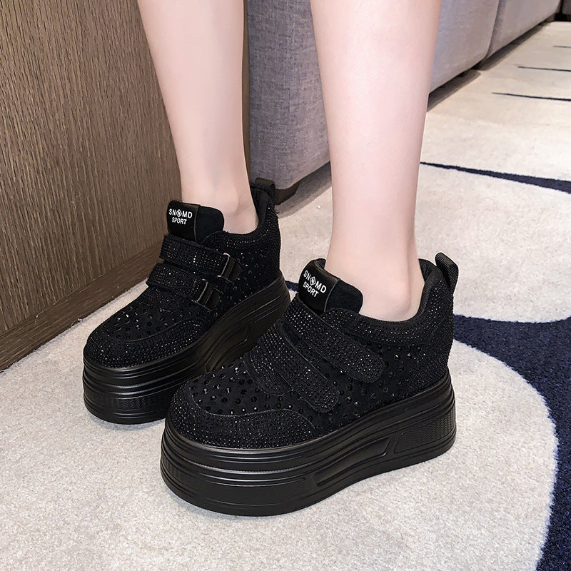 Women's White Rhinestone Single Mesh Height Increasing Insole Women's Casual Shoes