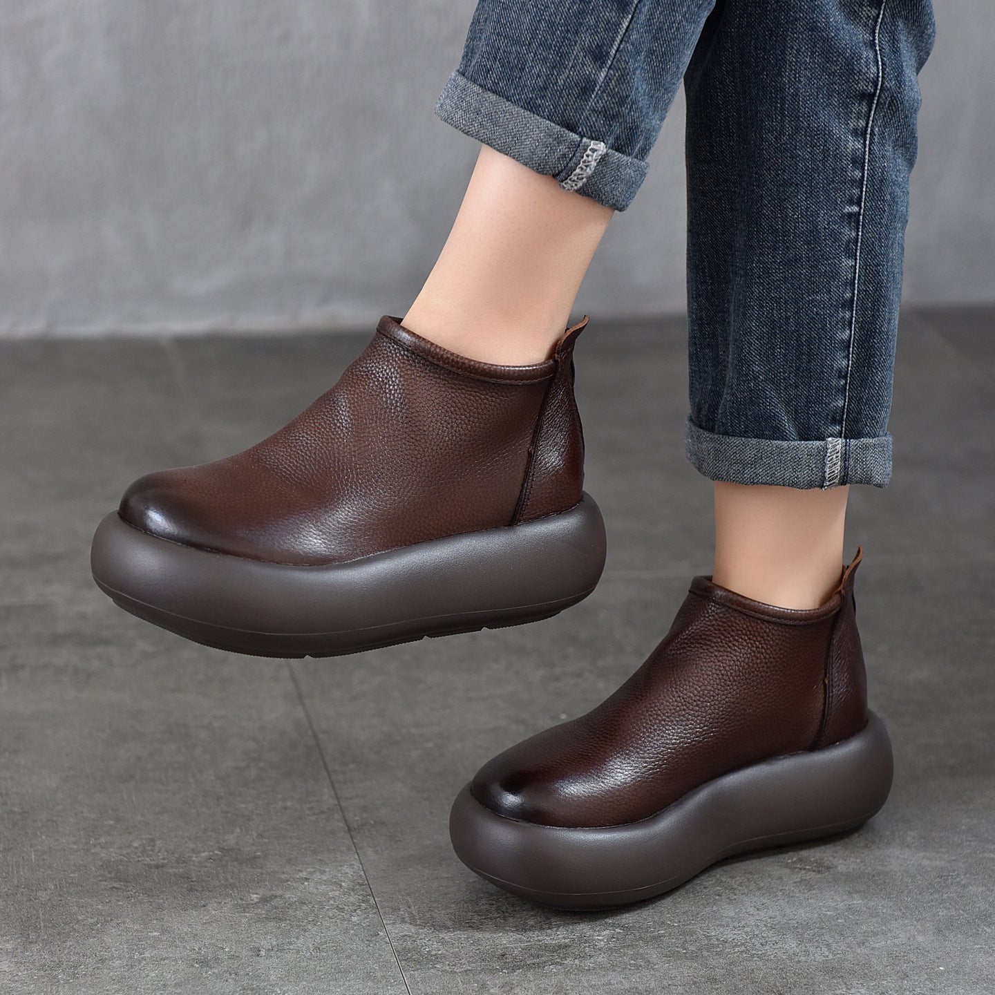 Simple Round Toe Ankle Genuine Platform Women's Leather Boots