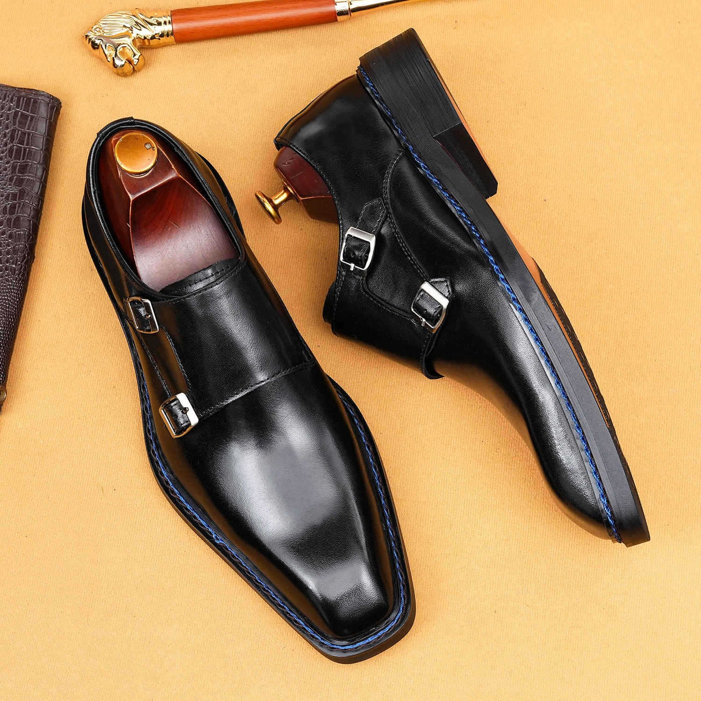 Men's Square Toe Genuine Formal Wear Norwegian Seam Buckle Men's Business Leather Shoes