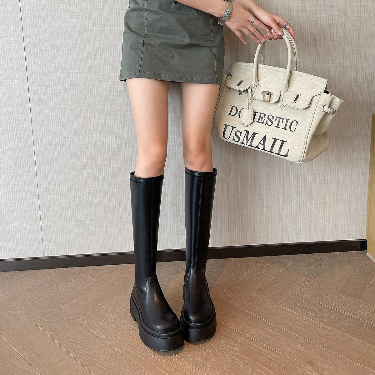 Women's Skinny Below The Knee Platform Thin Small Man Women's Leather Boots