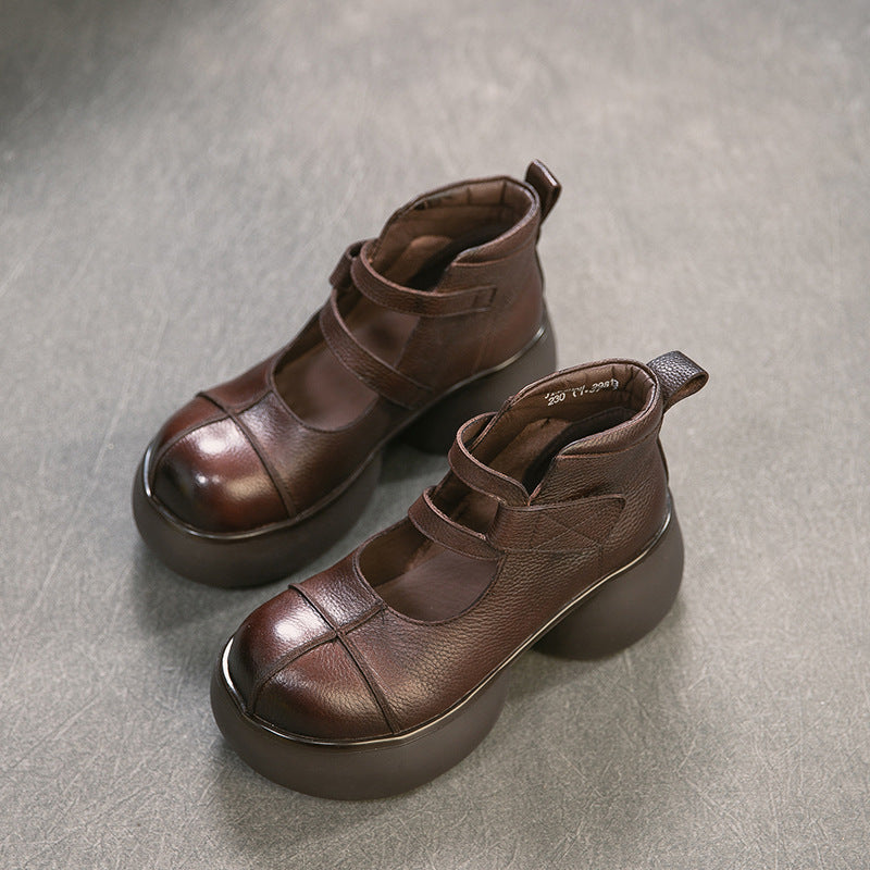 Women's Layer Cowhide Vintage Mary Jane Thick Bottom Heightened Single Round Women's Casual Shoes