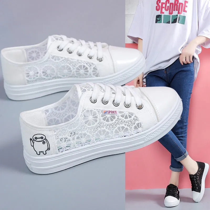 Women's Hollowed Mesh Summer Flat Lace Toe Sneakers