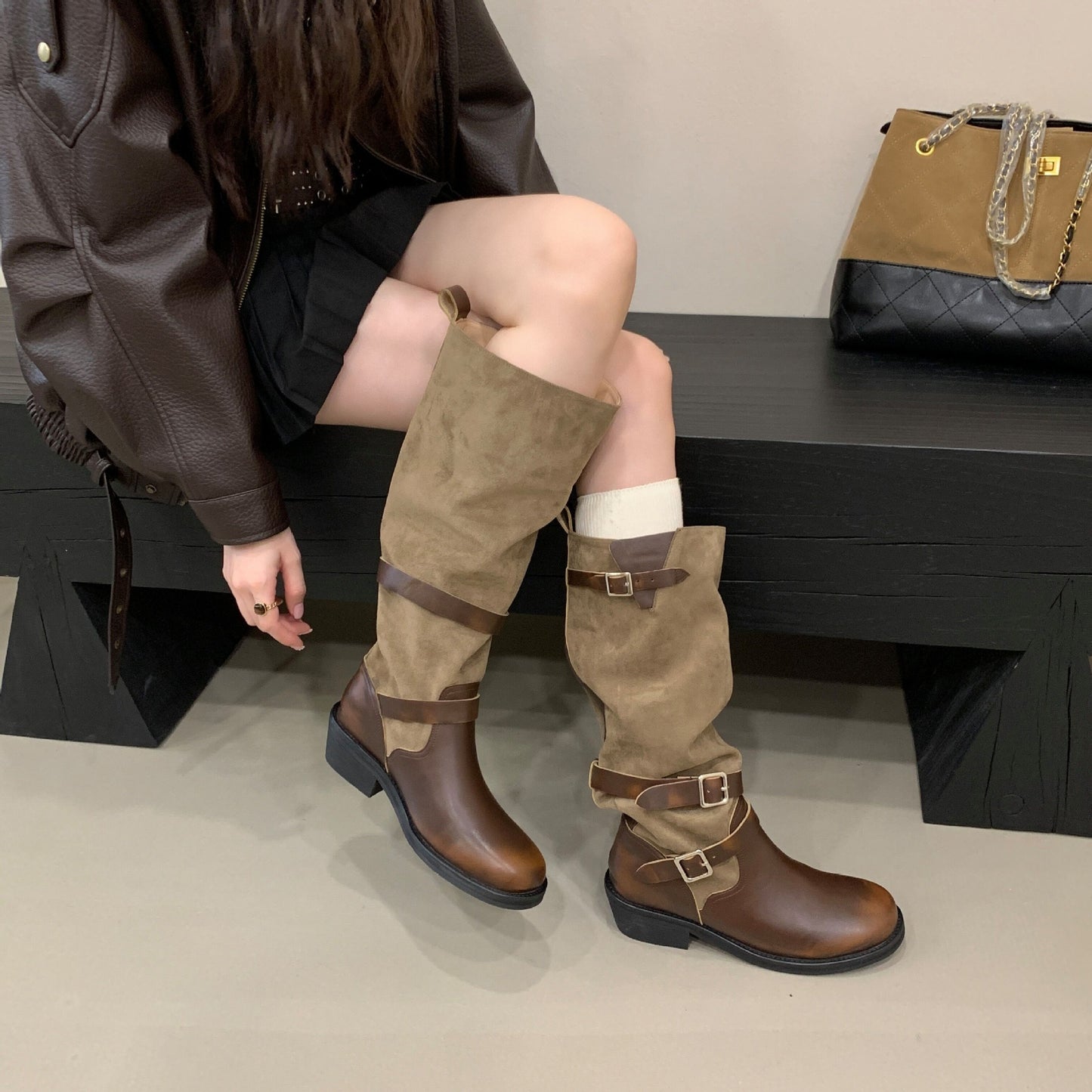 Rubbed Color Pleated Long Female Autumn Chunky Belt Buckle Biker Women's Leather Boots