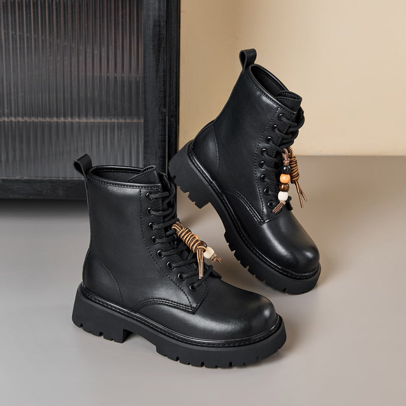 Women's Invisible Height Increasing Insole Martin British Style Retro Pendant Black Women's Leather Boots