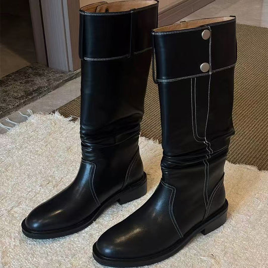 Version Black Vintage Button High Female Below The Knee Pleated Boots