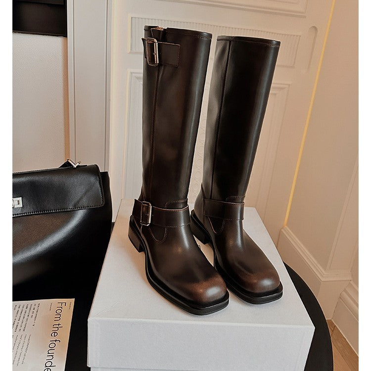 Mom Square Toe Chunky Platform Buckle Boots