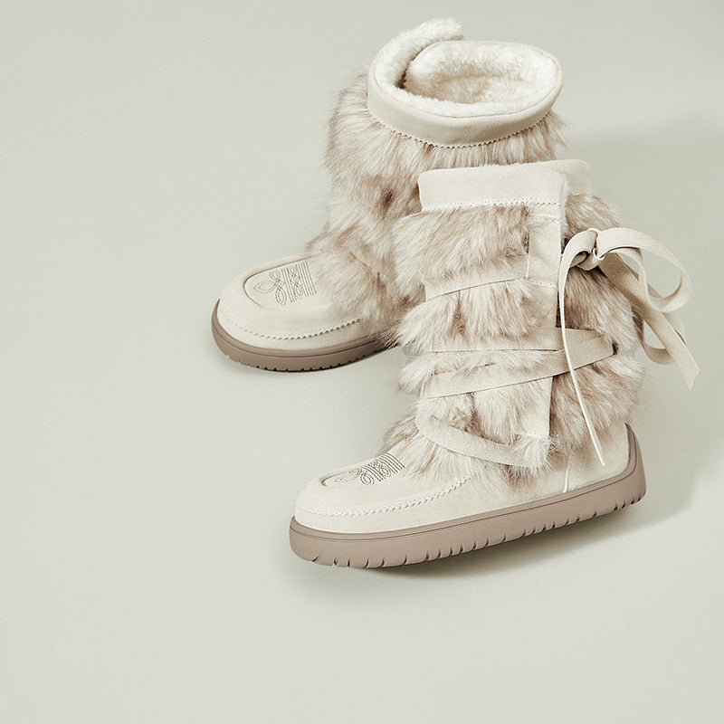 Women's Platinum Round Toe Niche Strap Genuine Warm Boots