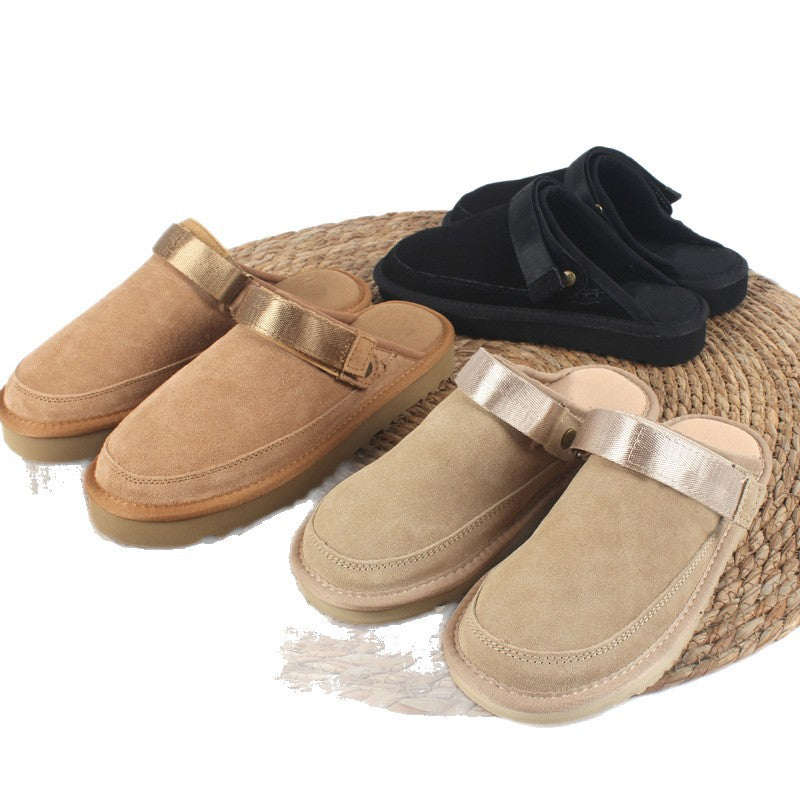 Cowhide Male Female Large Size Drawstring Flat Slippers