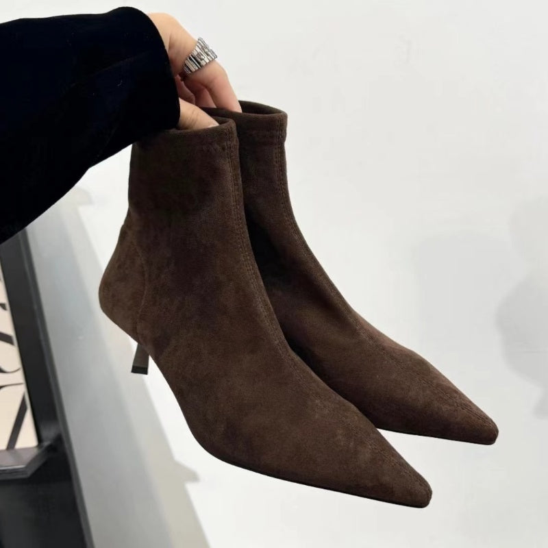 Women's Sheepskin Ankle Sleeve Elastic Thin Kitten Pointed Toe Women's Leather Boots