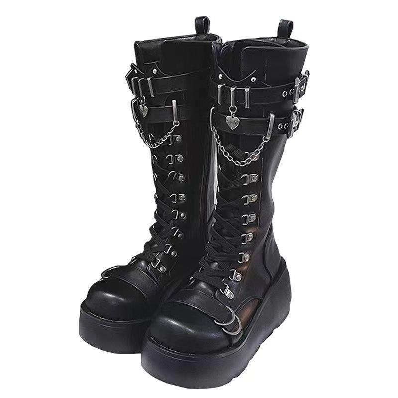 Women's Thick Bottom Fashion Buckle Wedge Punk Style Hot Women's Leather Boots