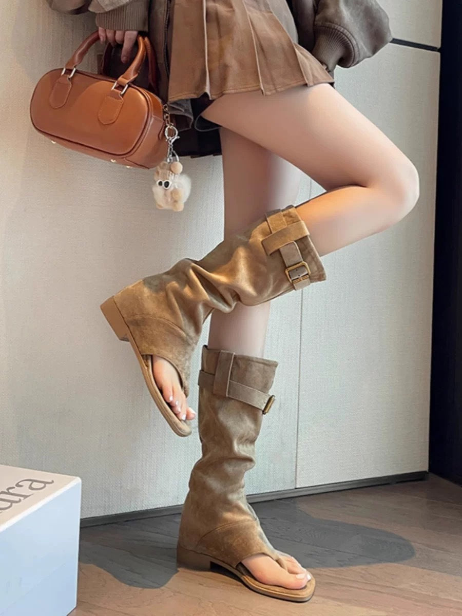 Style Open Toe Herringbone Height Increasing Insole Western Slimming Length Boots
