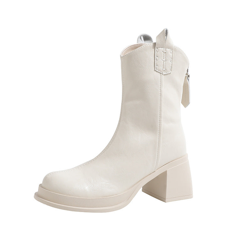 Women's Western Cowboy Thick-soled British Style Chunky High Booties Fleece Heels