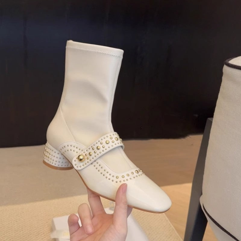 Head Rivet Back Zipper Tube Springy Women's Leather Boots