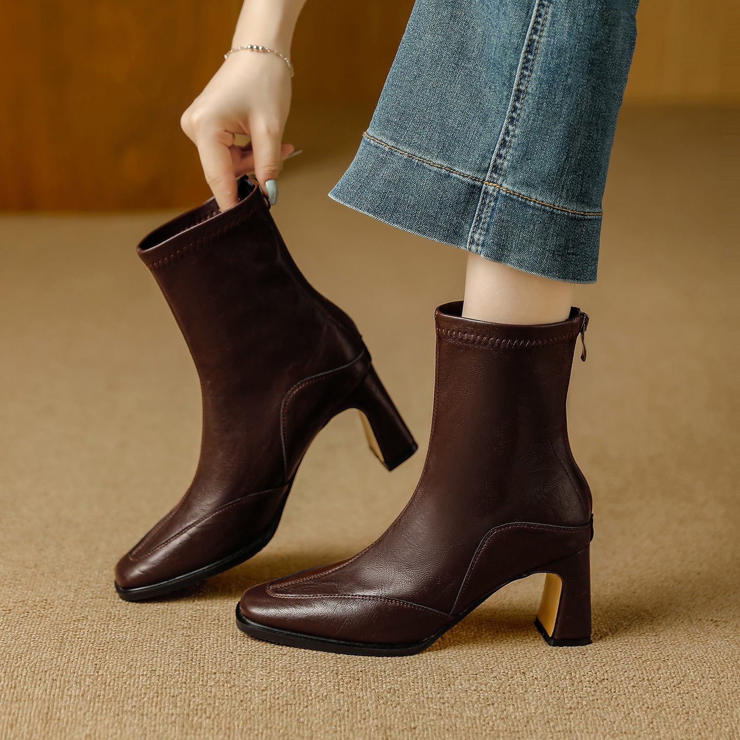 Women's Square Toe Booties Chunky Back Zip Soft Artistic Retro Style Women's Leather Boots