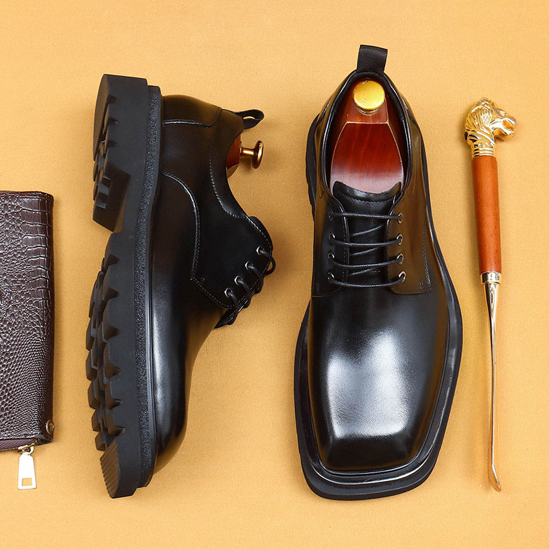 Men's Big Head Genuine Formal Business Square Toe Platform British Increased Men's Casual Leather Shoes