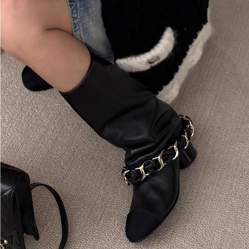 Women's Round Toe Pantyhose Fashion High Metal Chain Straight Slimming Women's Leather Boots