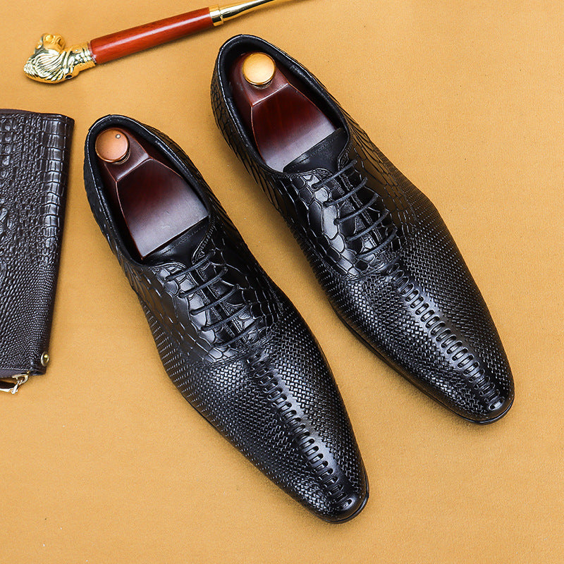 Men's Cowhide Formal Business Pointed Crocodile Embossed Leather Shoes